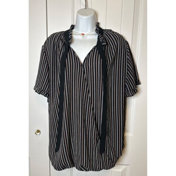 Suzane Betro Black & White Striped Blouse with Ruffled Neck & Sleeves, 1X - Picture 1 of 9